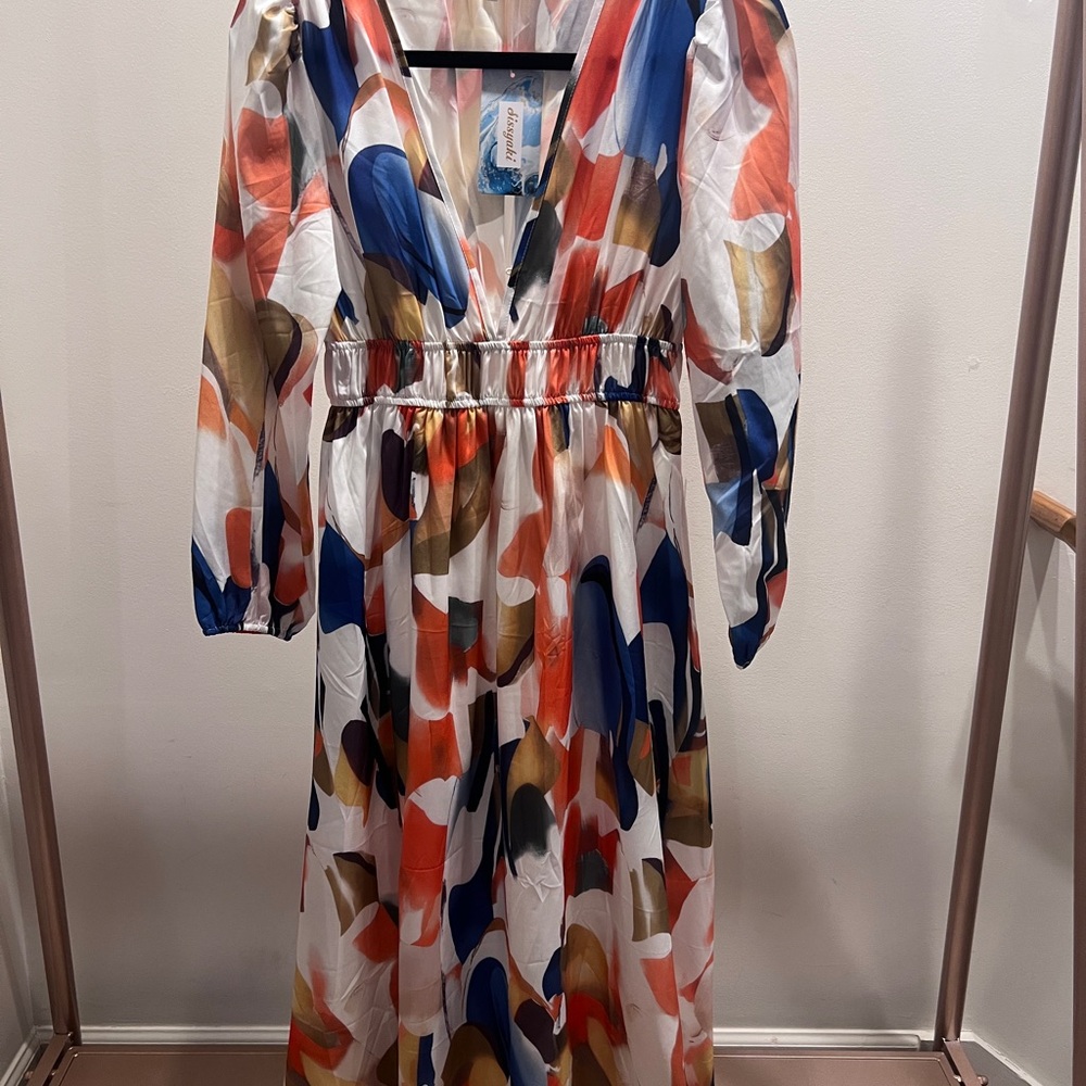 Multicolor Abstract Print V-Neck Maxi Dress